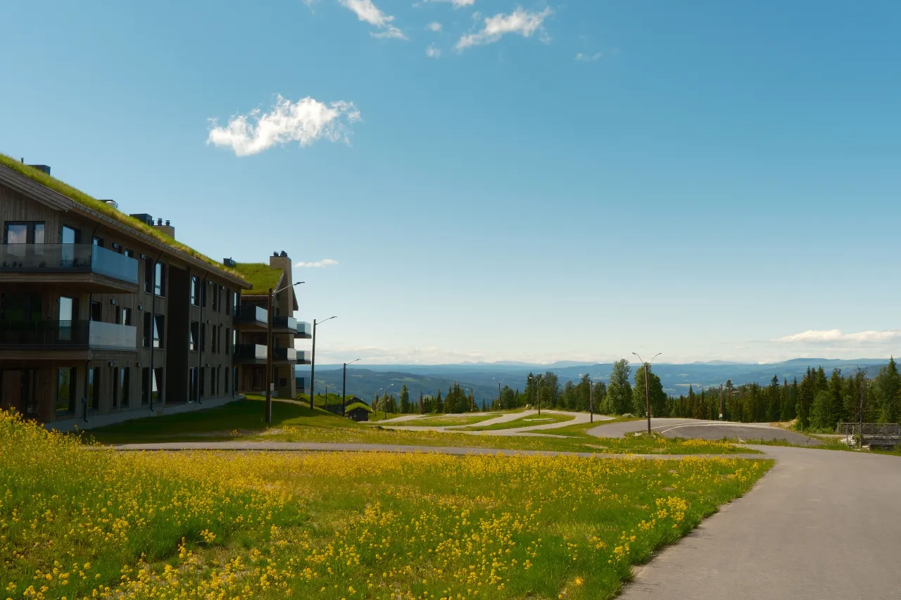 Mosetertoppen Skistadion på sommeren, med utsikt over Gudbrandsdalen